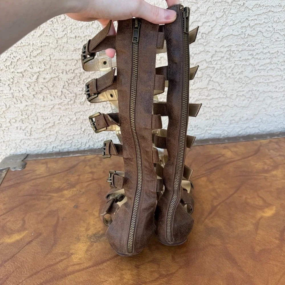 Joyfolie Jayla Youth 3 Brown Tall Gladiator Sandals Knee High Buckle Boho Girls